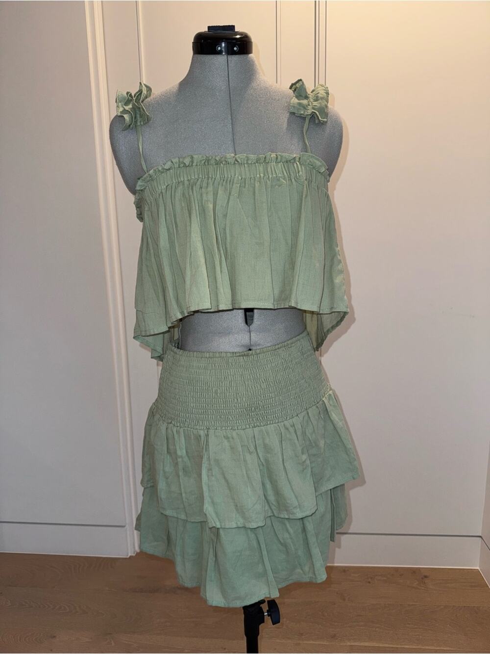 Smocked Waist Tiered Mini Skirt in Sage Green